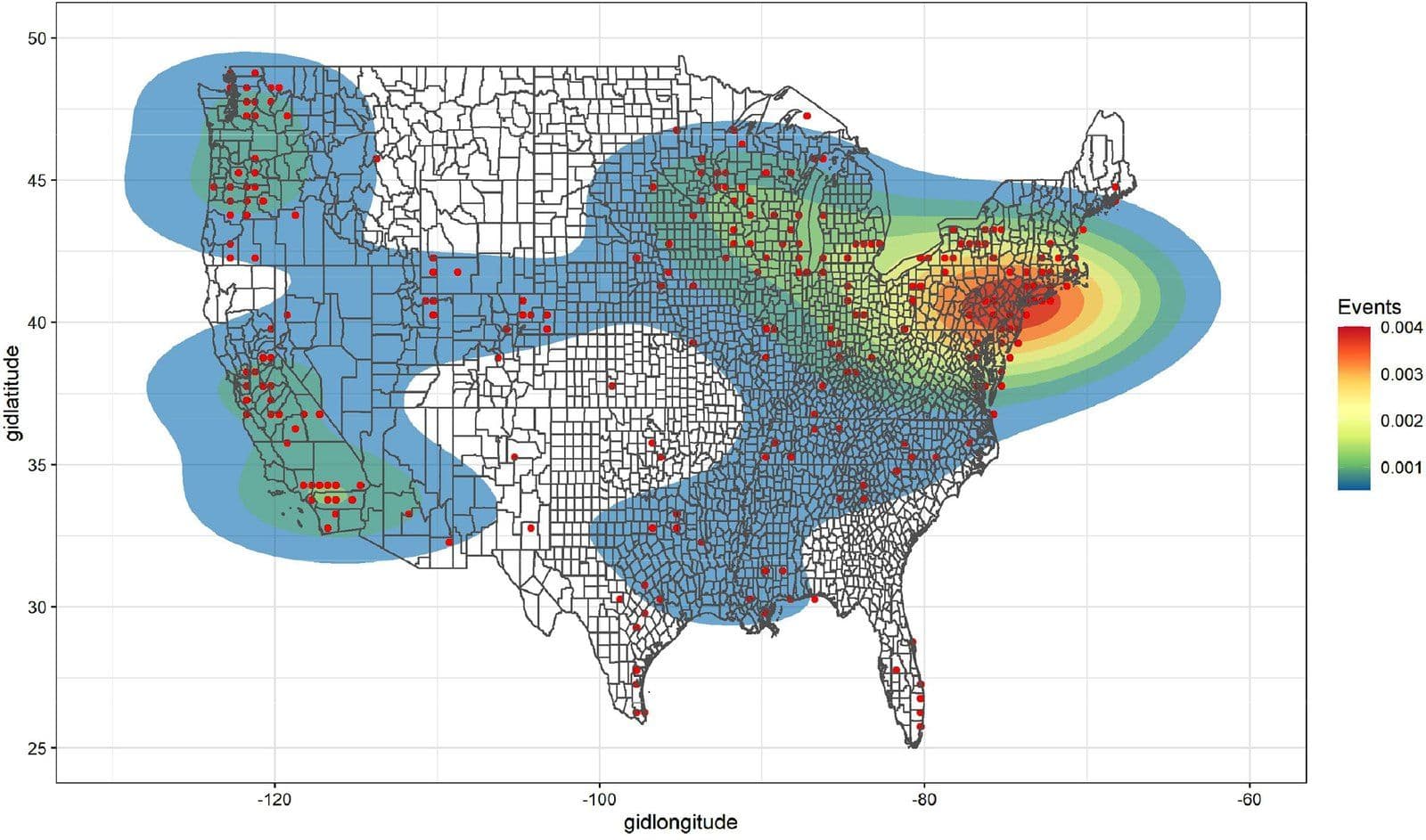 Heat map of radical environmental and animal-liberation direct-action events across North America