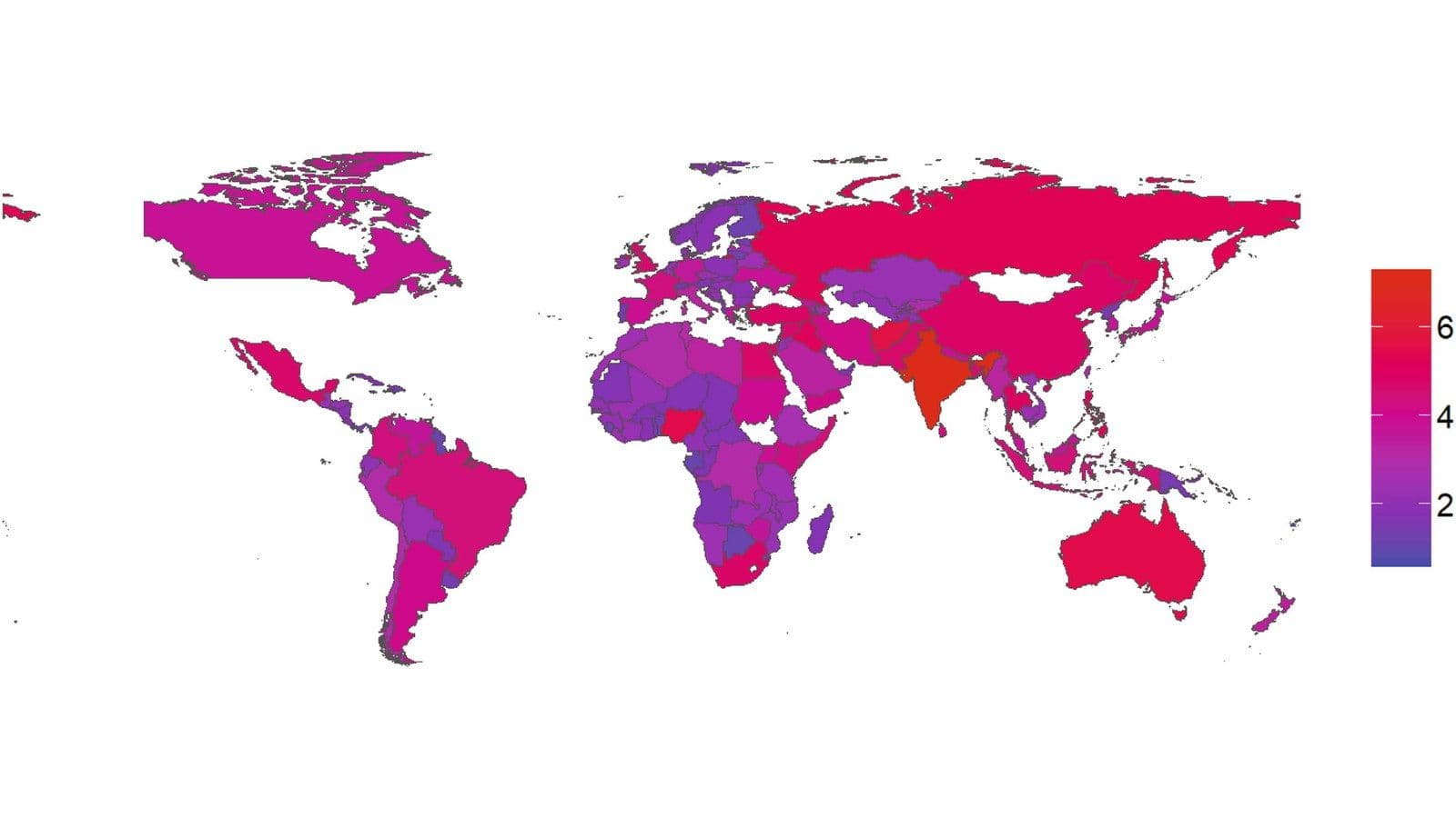 World heat map of average material-conflict event counts, 2003 to 2013