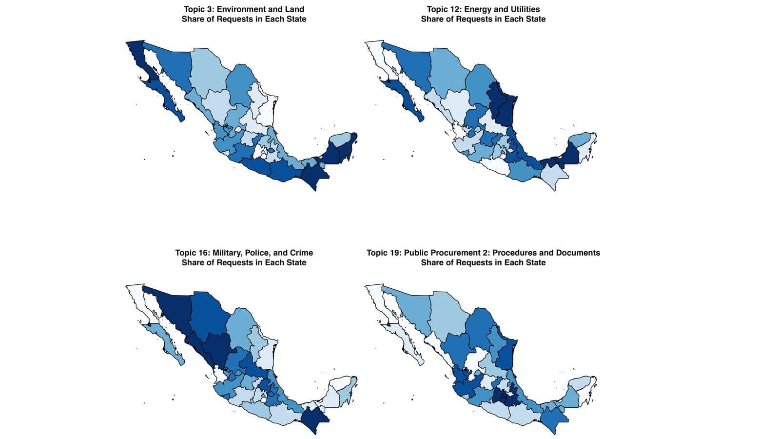 Maps of Mexican states showing the share of public information requests on four topics