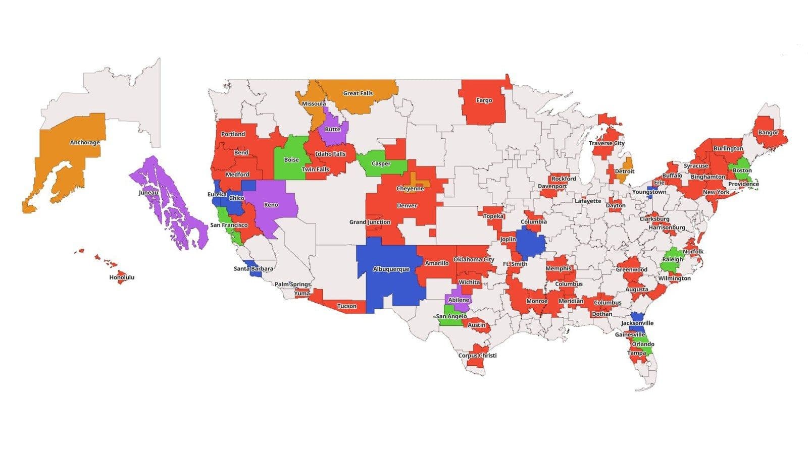 Map of U.S. television markets with local stations that duplicate news content