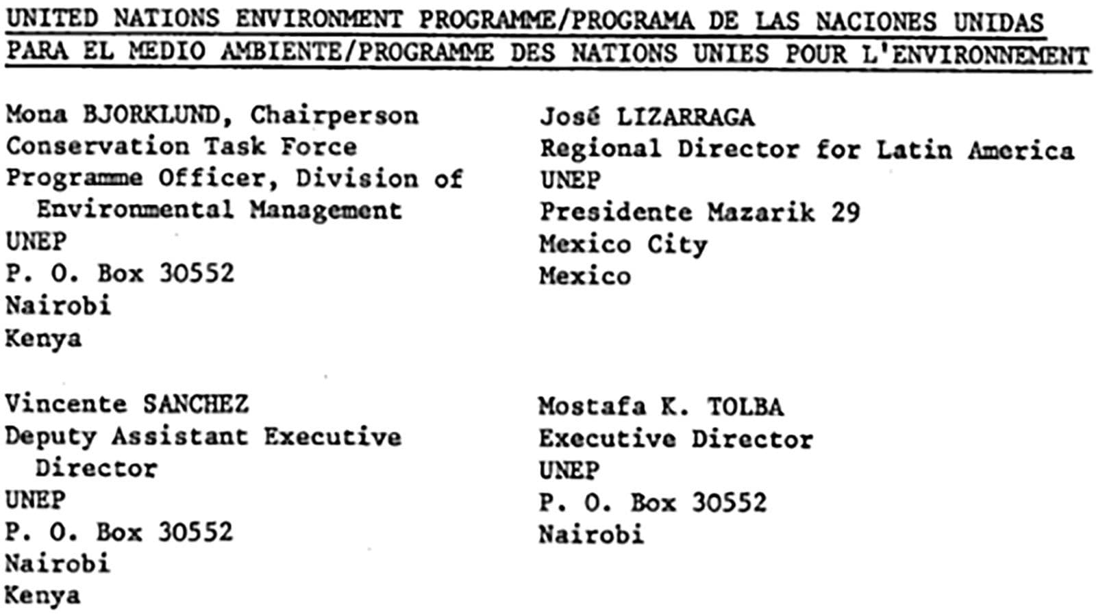 Typewritten participant list from the second CITES Conference of the Parties (1979)